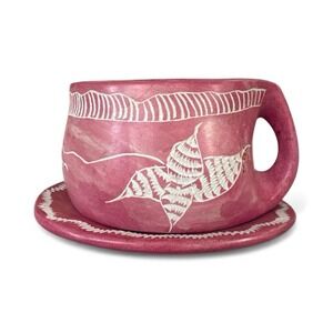 Hand Carved Soapstone Mug And Saucer Set Pink Finish Etched White
